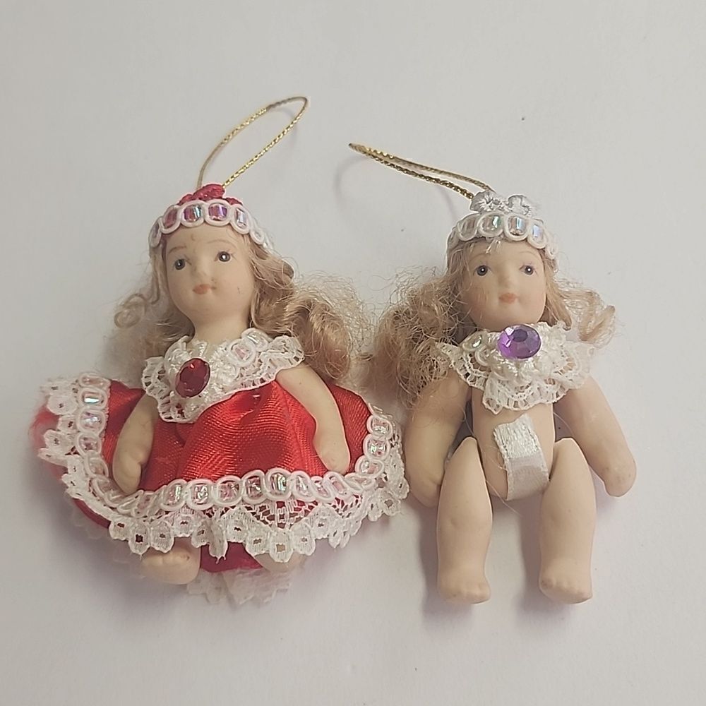 Vintage Porcelain Doll Ornaments Birthstone Red Purple